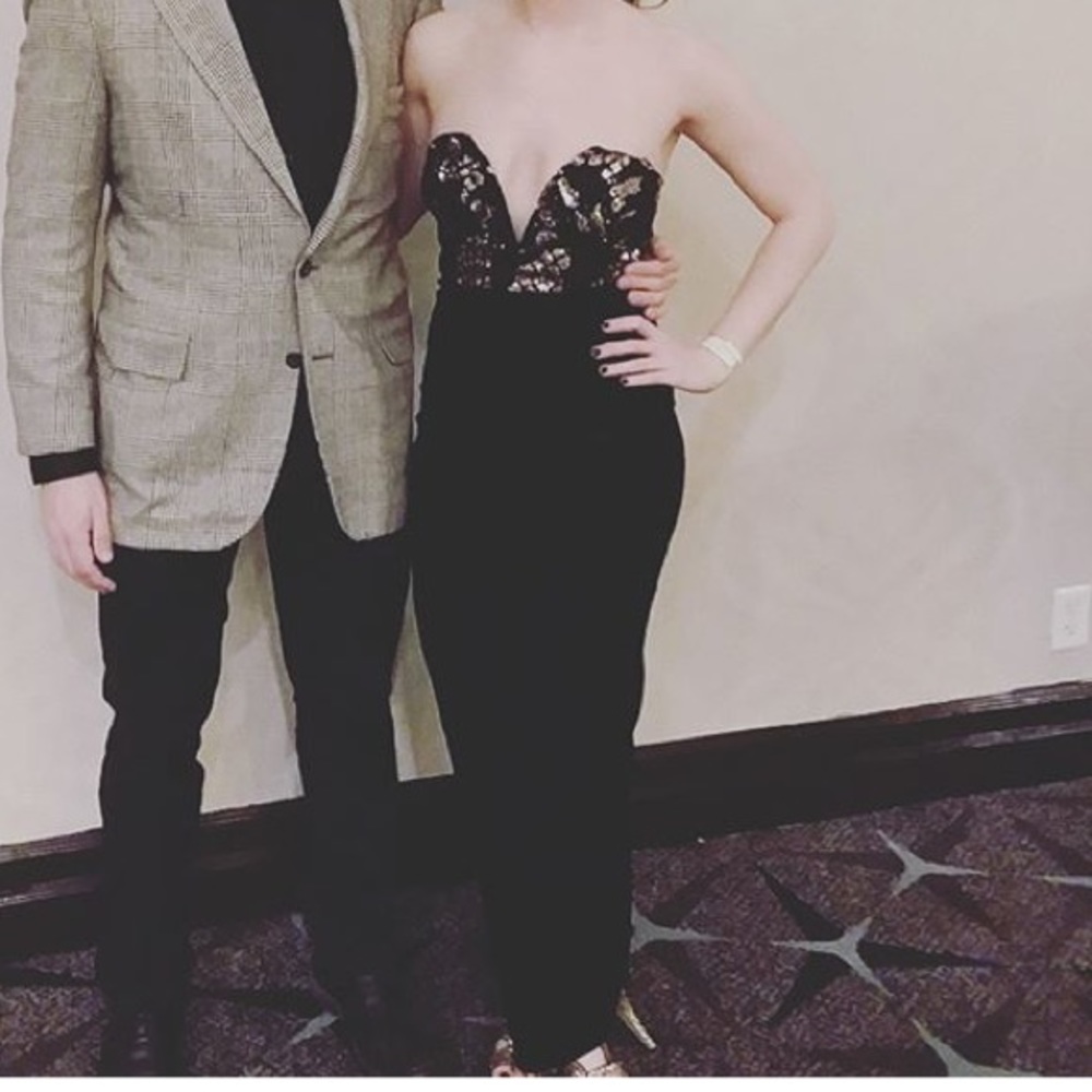 Black jumpsuit with velvet bottoms and sequin top